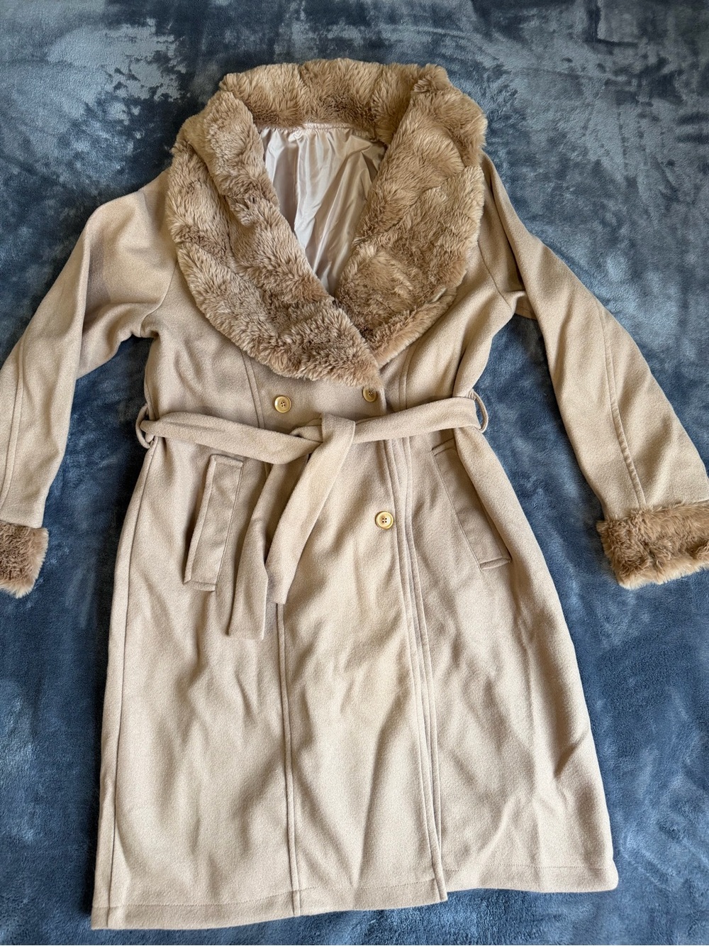 SHEIN Girls 14Y Beige Faux Fur Collar Belted Double Breasted Long Coat